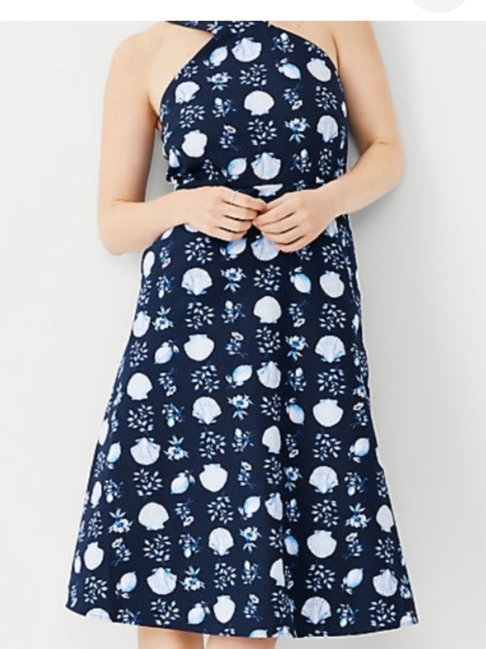 NWT- Ann Taylor Navy Blue Shell Tile Cotton Linen Halter Flare Dress- Sz 6